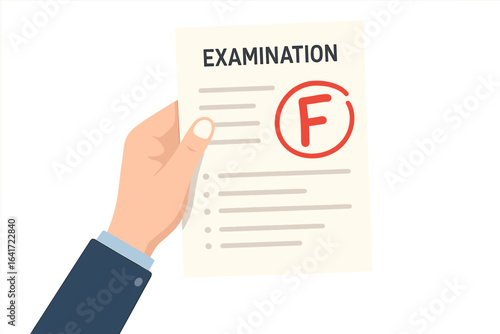 Student Hand Holding Failed Exam Paper. Examination Sheet With Red F Grade. Academic Failure. School Test Assessment. Report Card. Education Mistake Concept. Stress, Anxiety, Low Score, Study Problem.