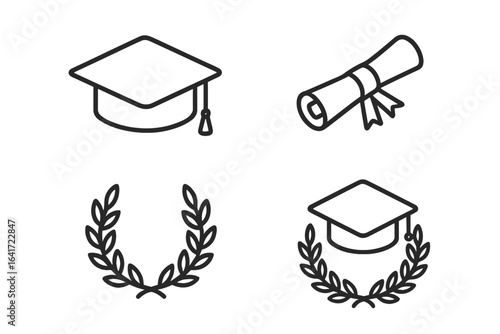 Graduation ceremony outline icon set, academic cap, diploma scroll, laurel wreath vector illustration, achievement, university celebration, educational honor, black line, isolated transparent