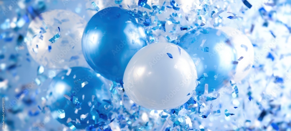The vibrant celebration with blue and white balloons and sparkling confetti The vibrant celebration with blue and white balloons and sparkling confetti