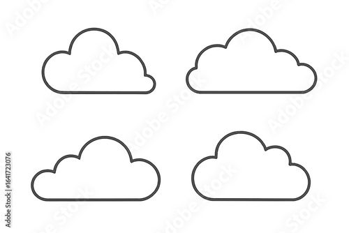 Set of 4 linear style cloud shapes, different sky clouds outline collection, vector illustration of various cloudy forms, transparent background, minimal line art design