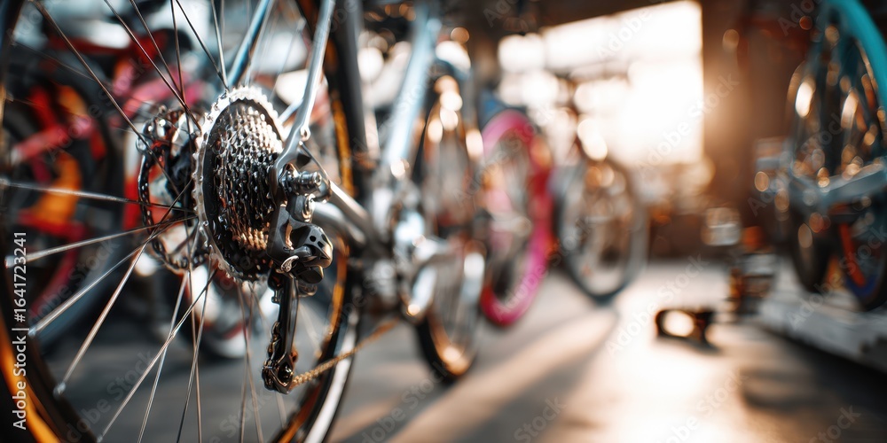 Fototapeta premium The bicycle gears glistening in a sunlit indoor shop setting.