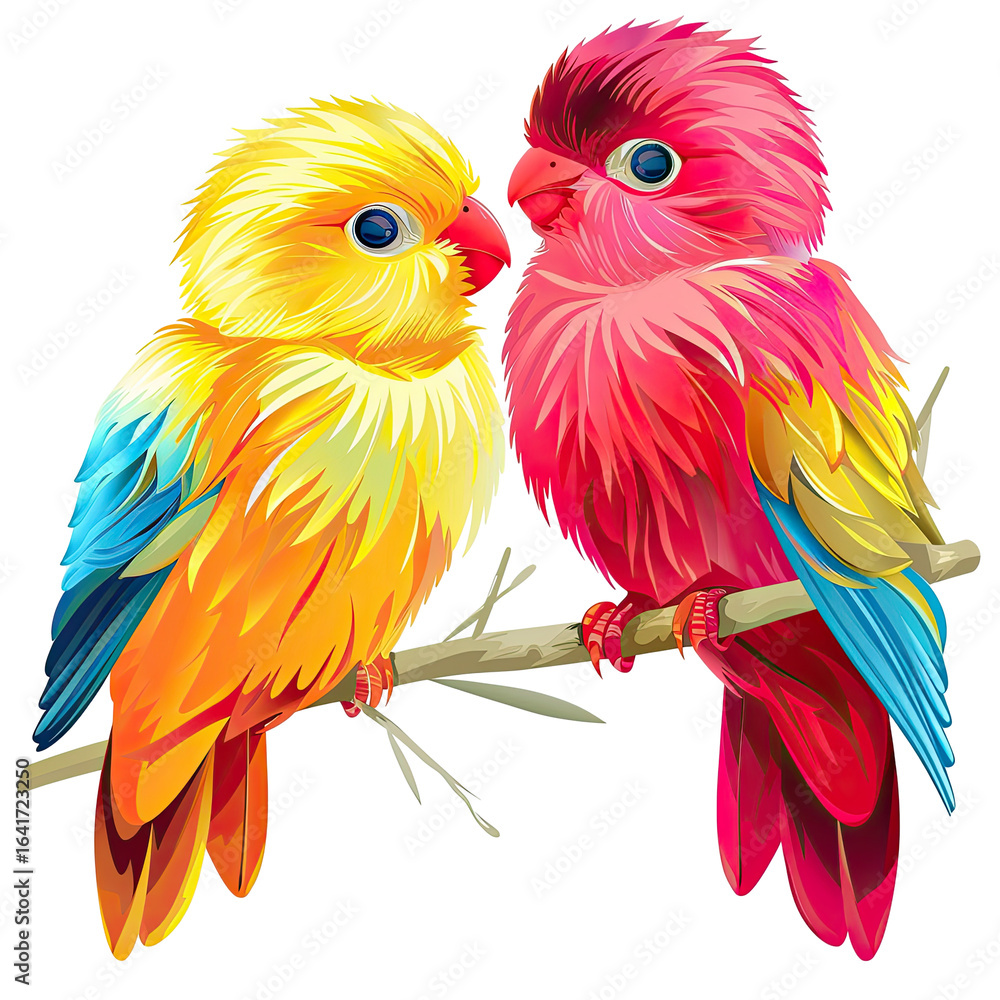 Obraz premium Colorful Lovebirds Perched on Branch, Romantic Artwork