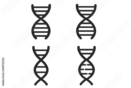 DNA helix icons vector set. Genomic structure design, genetic molecule, chromosome, gene model symbol. Medical science pictogram, biotechnology, bio code. Genome engineering illustration isolated.