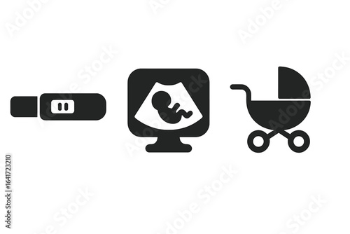 Growing Family Milestones Icons, Solid Filled Vector Set of Pregnancy Test, Ultrasound Scan, Baby Carriage Symbols, Parenthood Journey, Baby Arrival Concept