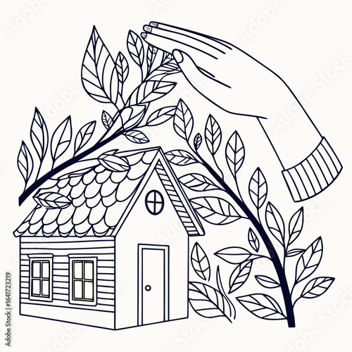 Home Protection Concept: An artful sketch illustrates the concept of home protection, with a hand tenderly shielding a quaint house adorned with flourishing foliage.