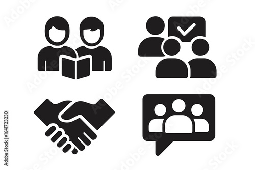 Group Homework Icons Set, Solid Filled Vector Symbols of Two Students Studying, Shared Screen Collaboration, Teamwork Handshake, Group Chat Bubble Illustration, Transparent Background