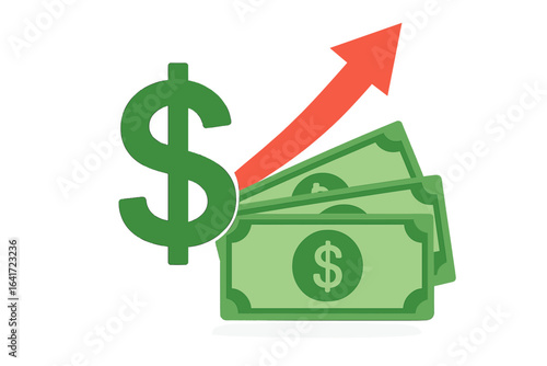 Dollar rate increase, money symbol with upward arrow, cash salary raise, investment growth, financial profit, earnings boost, economic growth concept, vector illustration transparent background