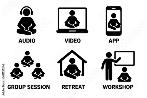 Guided Meditation Icons Solid Filled Icon Set for Meditation Formats Audio Video App Group Session Retreat Workshop Vector Illustration Transparent Background