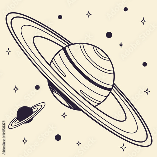 Saturn's Celestial Beauty: An illustrative exploration showcases the magnificent planet Saturn, its iconic rings, and celestial companions in a captivating, detailed line art design.