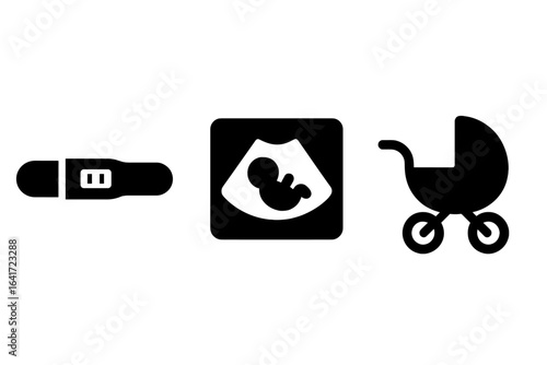 Growing Family Milestones Icons, Solid Filled Vector Set of Pregnancy Test, Ultrasound Scan, Baby Carriage, Parenthood Journey, Baby Arrival Symbols on Transparent