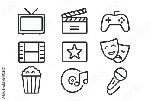 Entertainment vector icon set. Outline style media, cinema, movie, video, music, TV, comedy, theater, microphone, game controller, popcorn, star, editable stroke. Stock illustration.