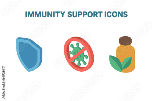 Immunity support isometric icon set. Health protection shield, antivirus stop sign, and herbal vitamin supplement bottle. Medical vector illustration for immune system.