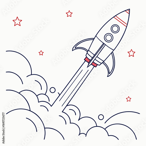 Blast Off: A vector illustration of a rocket soaring into the vast expanse of space, leaving behind trails of smoke and stars. conveying themes of innovation, adventure, and limitless opportunity.