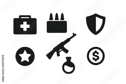 Game icon set. Solid glyph icons for video game UI. Collection of in-game items: health pack, ammo, weapon, shield, power-up star, coin money, magic potion vector.
