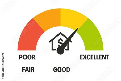 Credit score rating meter for mortgage loans. Gauge scale from poor to excellent. Financial assessment, rating indicator, risk evaluation, approval concept. Vector illustration with vivid colors.