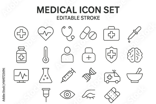 Medical line icon collection. Editable stroke set with hospital, pharmacy, health care, emergency, medicine, doctor, diagnostics, pills, first aid, surgery, wellness, and laboratory symbols