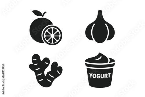Immunity Boosting Foods Icons Set, Solid Filled Vector Illustrations of Citrus Fruit, Garlic, Ginger, Yogurt on Transparent Background, Health and Wellness Symbols