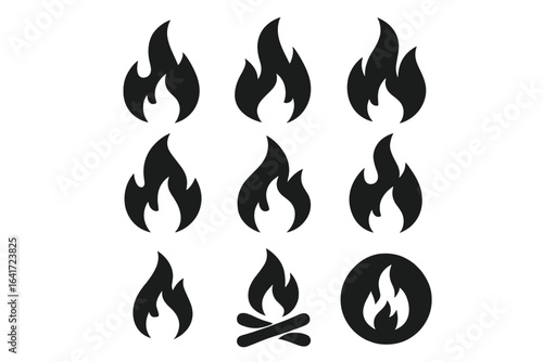 Fire Flame Icon Set, Fire Flames, Flame Symbols, Campfire Silhouette, Vector Illustration on Transparent Background, Fire Icons for Graphic Design and Digital Use