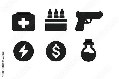 In-Game Icon Grid Solid Filled Vector Set of Health Pack, Ammo Box, Weapon, Shield, Power-Up, Coin, Magic Potion Icons for Game Design and User Interface