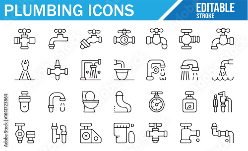 Editable icons for plumbing repairs, fixtures, and water system maintenance.