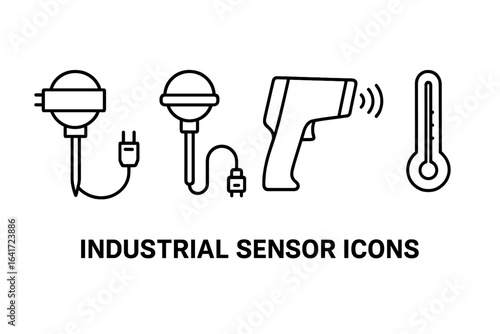 Industrial Sensor Icons Outline Set of Temperature Sensors Vector Illustration including Thermocouple Probe RTD Sensor Infrared Pyrometer and Thermometer on Transparent Background