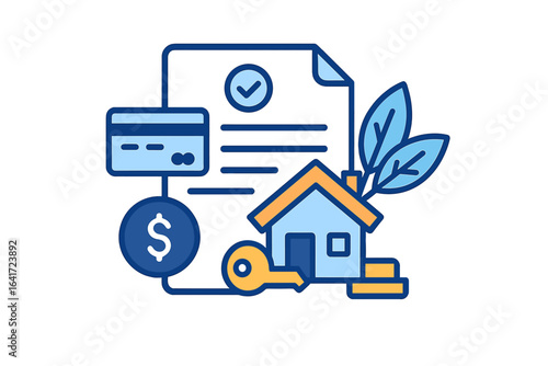 Mortgage approval and home loan concept, financial credit, property purchase, real estate investment, banking, buying a house, loan agreement, money and payment, vector illustration