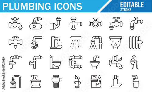 Collection of water-related plumbing symbols for installations and fixes.