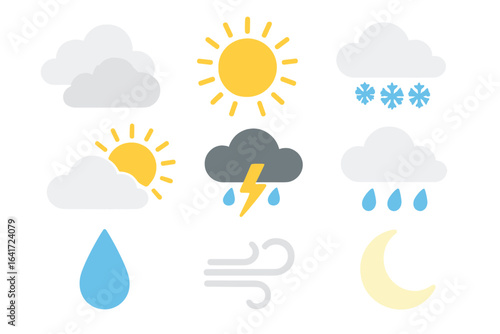 Weather forecast icons including clouds, sunny day, wind, snowflakes, sun, rain, thunderstorm, dew, moon, and various weather conditions vector illustration on transparent background