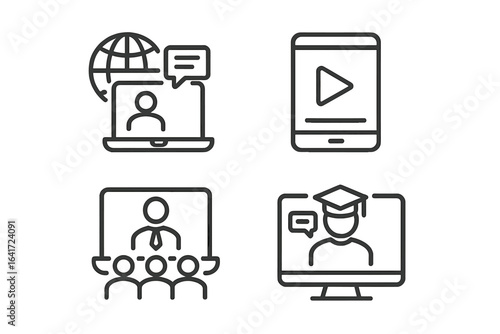 Online education icons set for web and mobile app, distance learning symbols, video tutorial buttons, online lecture illustration, school, university, webinar concept, vector transparent