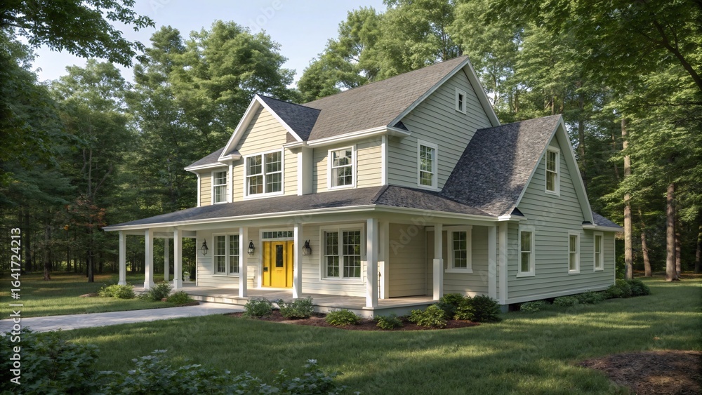 Obraz premium Elegant Two-Story House with Wraparound Porch in a Lush Green Setting