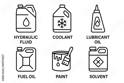 Industrial liquid icon set. Outline icons of hydraulic fluid, coolant, lubricant oil, fuel, paint, solvent. Vector pictogram collection for industry and automotive.