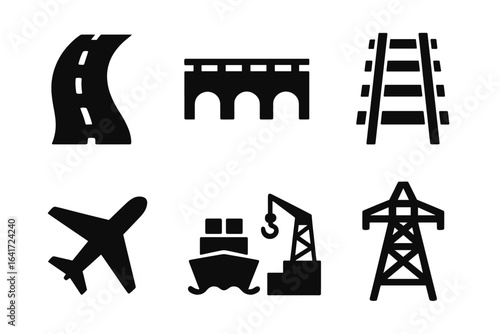 Infrastructure icon set. Solid glyph collection of transport, logistics, and energy symbols. Road, bridge, railway, airport, seaport, and electricity pylon icons.