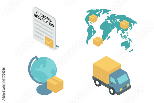 Isometric Flat International Shipping Icons Set, Customs Declaration Form, World Map with Shipping Boxes, Global Delivery Truck Vector Illustration for Logistics and Freight