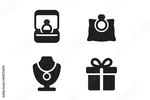 Jewelry Display Icons Set. Solid Filled Vector Icons of Jewelry Box, Velvet Cushion with Ring, Necklace Display Stand, Gift Box Illustration for Jewelry Packaging and Presentation