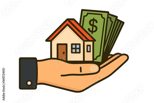 Businessman handing house keys to customer with cash money in palm, mortgage credit and property concept, sale and rental of apartment, home buying and real estate transaction