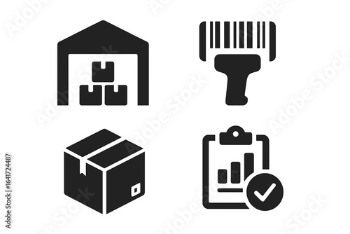 Inventory management icons grid, solid filled vector set depicting warehouse storage with stacked boxes, barcode scanner, sealed product package, stock level checklist, transparent background