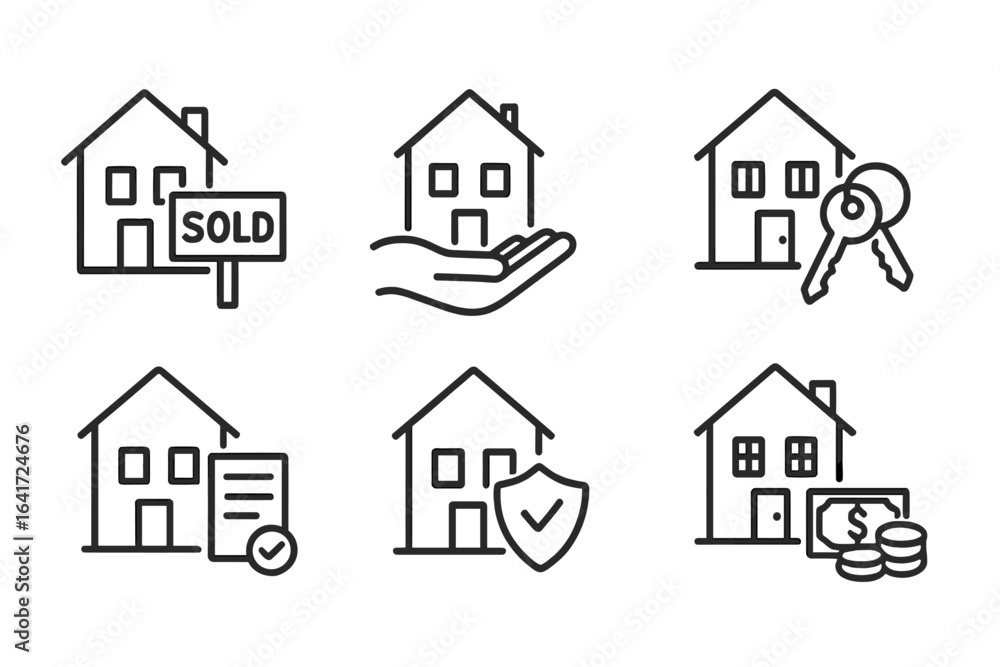 Real estate vector icons set for web and mobile. House sale, property rental, insurance, home loan, mortgage, sold home, keys, payment and document approval. Real estate transaction concepts. Real estate vector icons set for web and mobile. House sale, property rental, insurance, home loan, mortgage, sold home, keys, payment and document approval. Real estate transaction concepts.