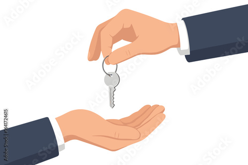 Hand giving house keys to customer, businessman in suit handing over house key, mortgage and credit concept, property sale and rent, apartment buying and selling, real estate transaction illustration
