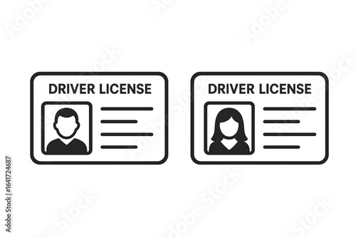 Identification card icon with male and female driver license templates, flat vector illustration on transparent background, personal ID concept, document design