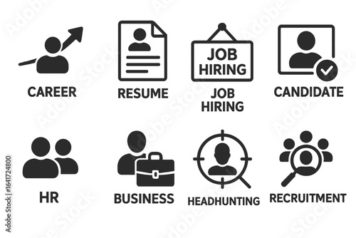 Recruitment and Hiring Icons for Web and Mobile App, Career Growth, Resume, Job Hiring, Candidate Selection, HR Management, Business, Headhunting, and Recruitment Vector Illustration