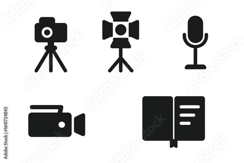 Interview setup icon set. Video production equipment glyphs for vlogging and content creation. Includes camera on tripod, studio light, microphone, and recorder vector.