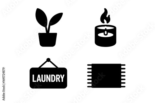 Laundry Room Icons Set, Solid Filled Vector Illustrations of Home Laundry Decor Including Houseplant, Scented Candle, Laundry Sign, and Small Rug, Cozy Household Comfort Symbols