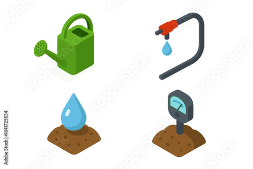 Isometric irrigation tools icon set. Vector illustration of watering can, drip irrigation system, soil moisture meter, and water drop. Smart farming and gardening concept.