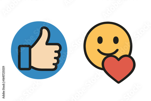 Like and Heart Icons with Thumbs Up and Heart Emojis in Different Styles, Social Media Reactions, Empathetic Emotional Expressions, Vector Illustration on Transparent Background