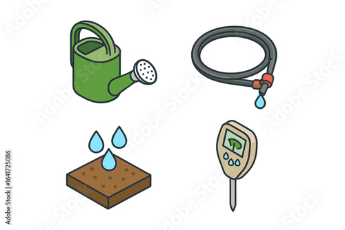 Irrigation tools isometric icon set. Garden equipment vector collection. Watering can, drip irrigation tube, soil moisture meter, and water drops on dirt flat icons.