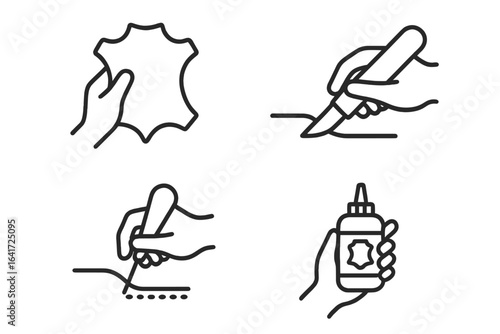 Leatherworking Icon Set, Outline Hands Crafting Leather, Cutting Knife, Stitching Awl, Leather Dye Bottle, Artisan Leatherworking Tools, Vector Illustration Transparent Background