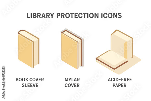 Library Protection Icons Set, Isometric Flat Vector Illustrations of Protective Packaging for Books Including Book Cover Sleeve, Mylar Cover, Acid-Free Paper