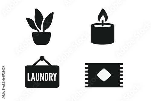 Laundry Room Icons Solid Filled Vector Set of Laundry Decor and Comfort Items Including Houseplant, Scented Candle, Laundry Sign, Small Rug Illustration on Transparent Background