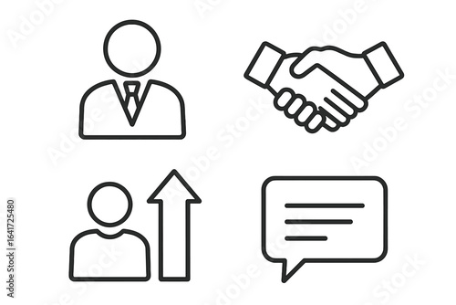 Leadership Icon Set. Outline Leadership and Mentorship Program Icons, Mentor Figure, Handshake, Growth Arrow, Communication Speech Bubble, Transparent Vector Illustration