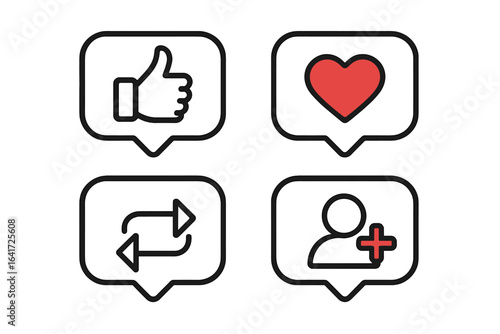 Modern social media interaction icons collection with thumbs up, heart, repost, and add follower symbols in speech bubbles, trendy notification vector set